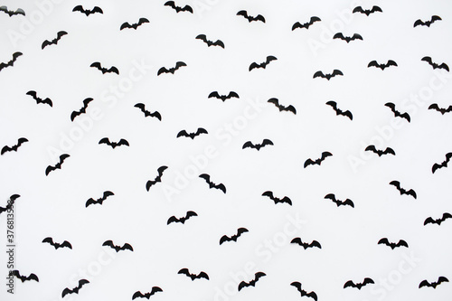 Halloween decorations with bats on gray background. Halloween concept. Flat lay  top view