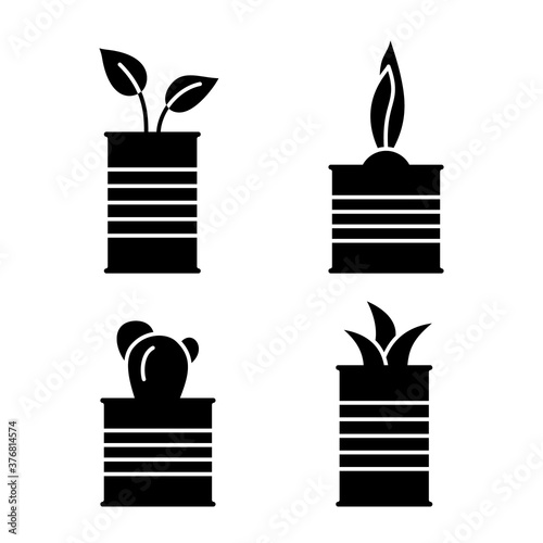 Silhouette flower in corrugated metal cylindrical container. Set of cartoon plants in tin cans. Outline growing spring sprouts in jar. Home garden black simple illustration. Flat isolated vector icon