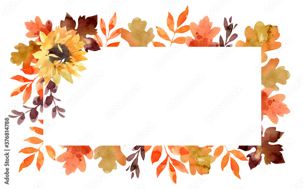 Fall watercolor frame with leaves, branches and sunflower Fall watercolor frame with leaves, branches and sunflower