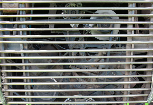 Steel grille covering the big engine of the bus.
