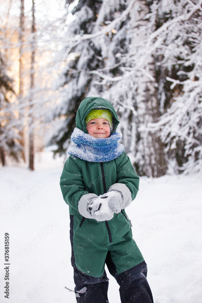 Portrait of a cute little boy in warm clothes who play with snowflakes in winter sunny frosty day, beautiful seasonal card, Siberia nature, kids play, having fun in wonderland forest