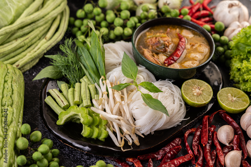 Rice noodle and coconut milk solution. Rice noodle and coconut milk solution.