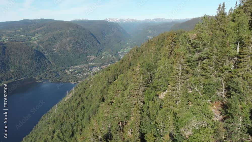 Beautiful Bandak Lake in Telemark Norway, aerial reveal behind mountain forest