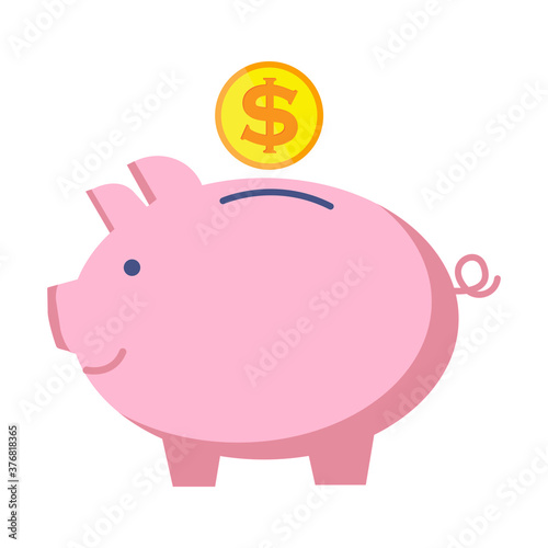 Pig bank for coins. Piggy to save money. Pink gold vault. Vector illustration. Stock image.