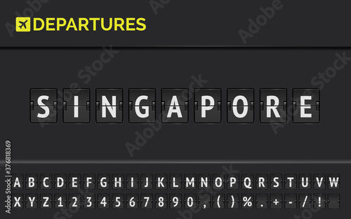 Mechanical board with flight departure to Singapore in Asia. Vector flip airport terminal board font