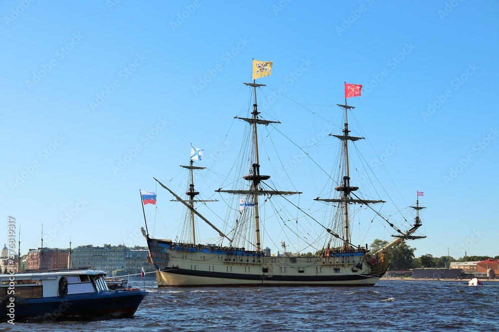 Sailing frigate on the roadstead of the Neva River
