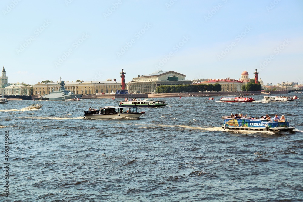  traffic jam on the Neva river from tourist boats