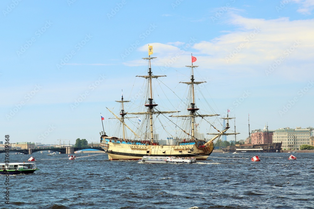 Sailing frigate on the roadstead of the Neva River Sailing frigate on the roadstead of the Neva River