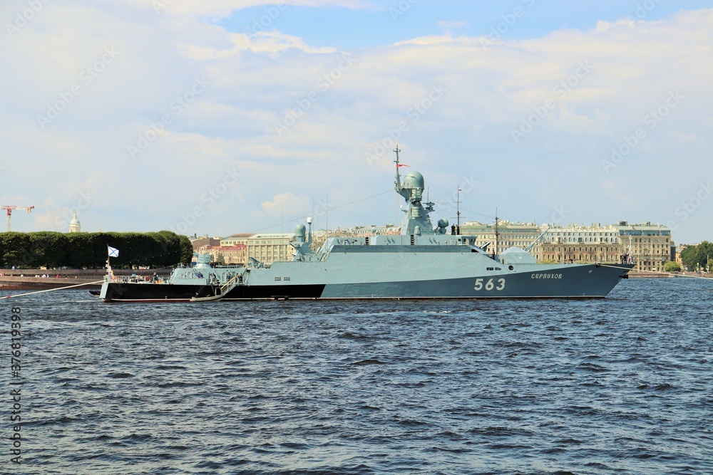  military ship corvette on the roadstead of the Neva river