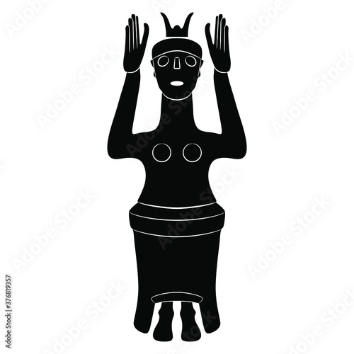 Cretan Minoan sculpture of ancient goddess with raised hands. Great Mother archetype. Black and white silhouette.
