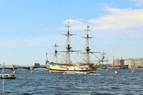 Sailing frigate on the roadstead of the Neva River