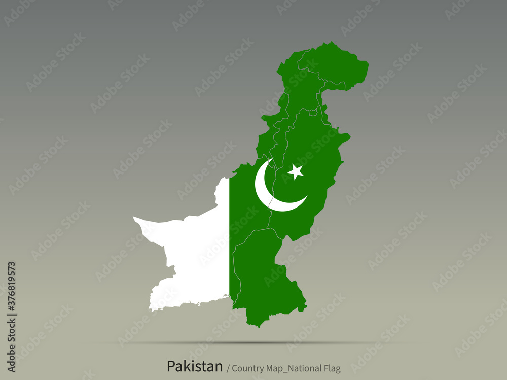 Pakistan flag and map. Central asian countries flag isolated on map.