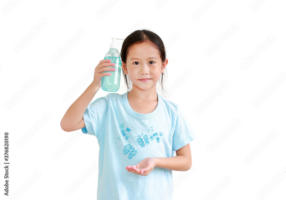 Asian little kid girl showing alcohol gel from plastic bottle for anti virus bacteria (covid-19) isolated on white background. Asian little kid girl showing alcohol gel from plastic bottle for anti virus bacteria (covid-19) isolated on white background.