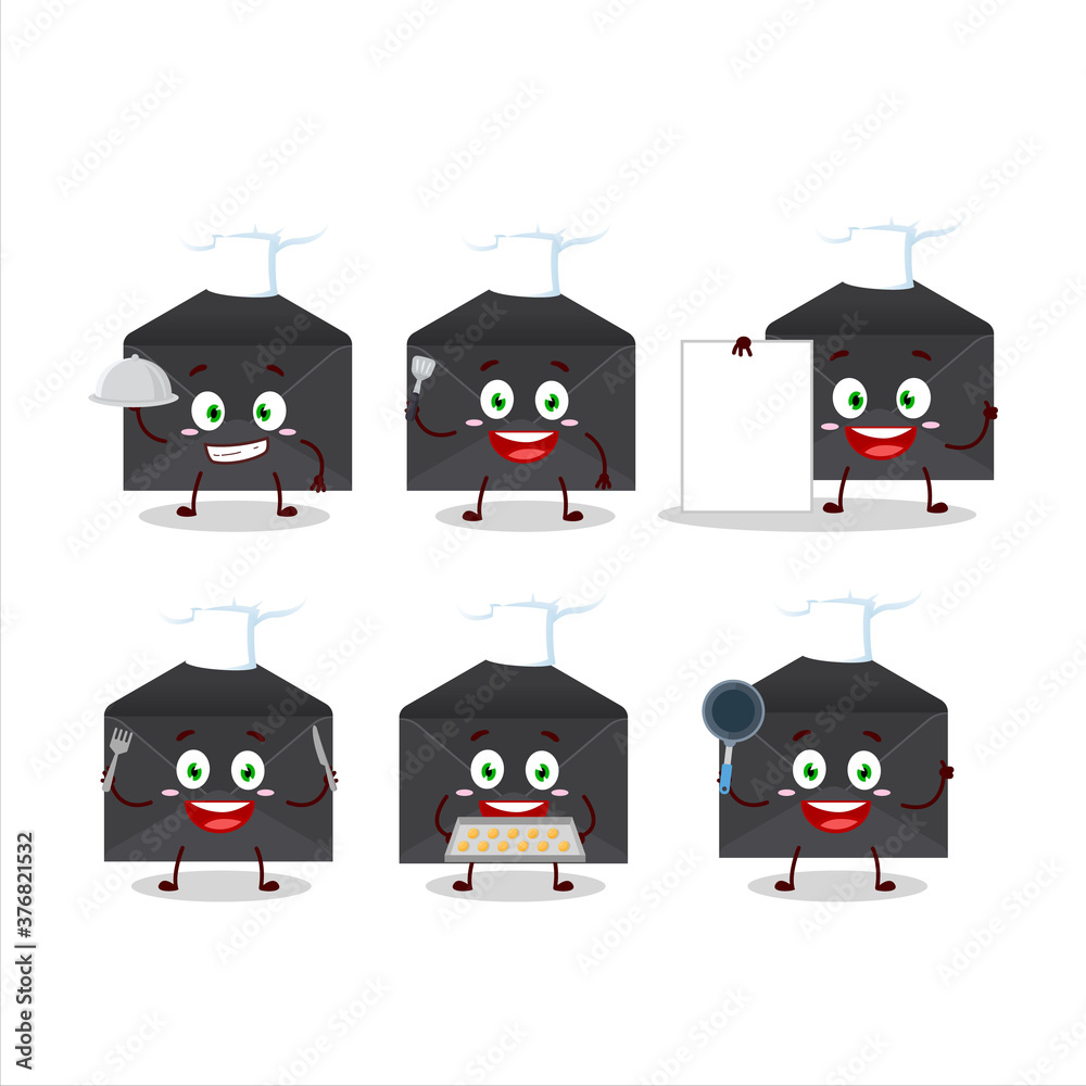 Cartoon character of black envelope with various chef emoticons Cartoon character of black envelope with various chef emoticons