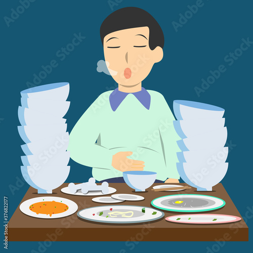A man's very full after eating a lot of food vector