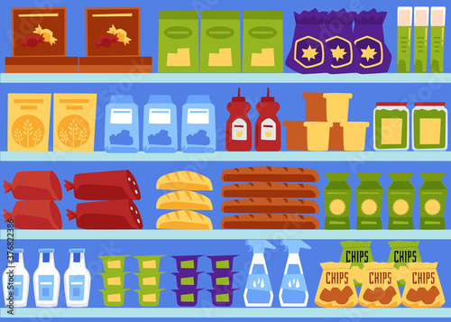 Supermarket shelves with products