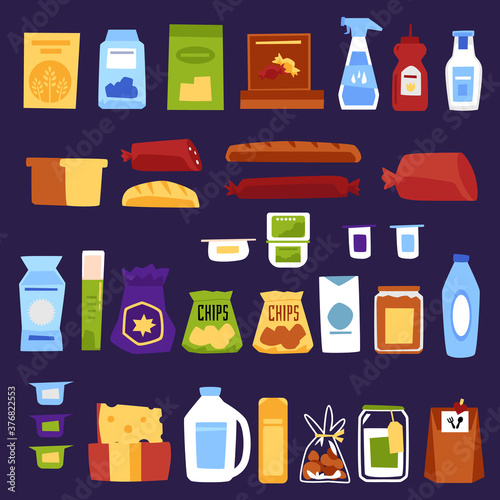 Set of grocery food and housekeeping products flat vector illustration isolated.