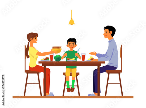 Parents and child dining and talking at table flat vector illustration isolated.