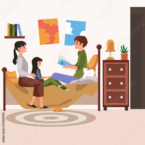 Family at home enjoying bedtime reading together flat vector illustration.