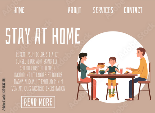 Stay at home website banner family eating together flat vector illustration.