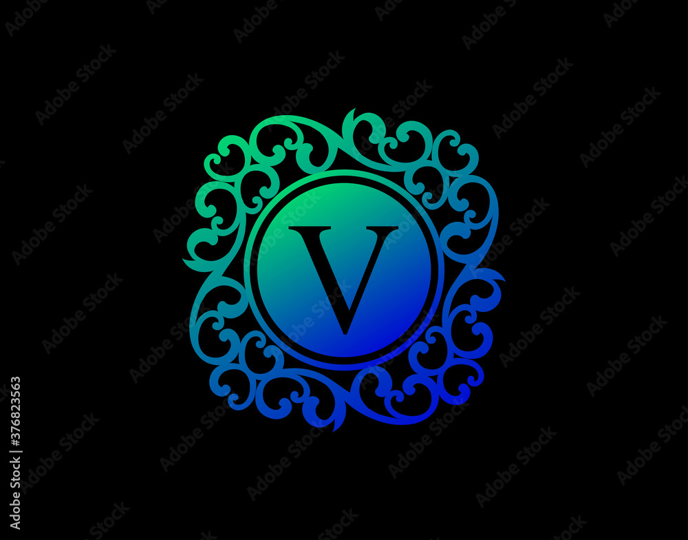 Obraz premium Uniwue V Letter Calligraphic Logo. Luxury V Swirl Logo Icon perfect for salon, yoga, restaurant, boutique and letter stamp.