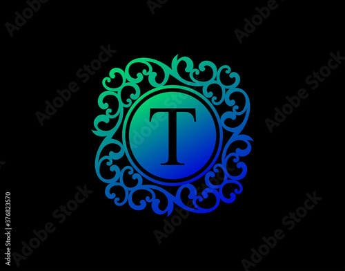Uniwue T Letter Calligraphic Logo. Luxury T Swirl Logo Icon perfect for salon, yoga, restaurant, boutique and letter stamp. photo