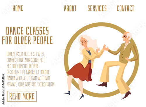 Dance classes for older people web banner design flat vector illustration.