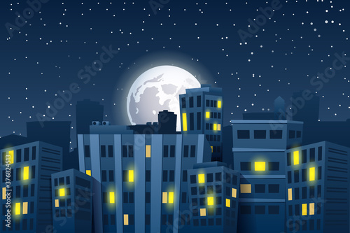 Illustration of night cityscape with the moon