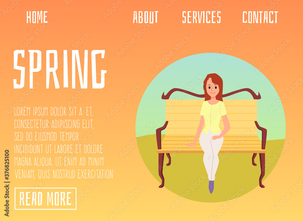 Landing page for spring season with woman in park, flat vector illustration.