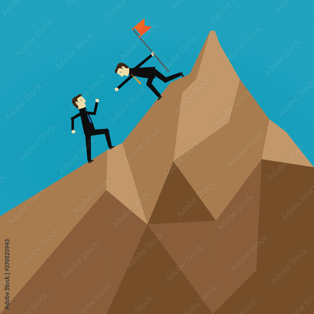 Business people climb the mountain to flag success