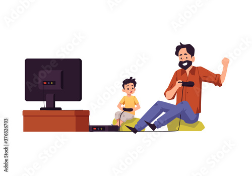 father and son playing video games together flat vector illustration isolated.