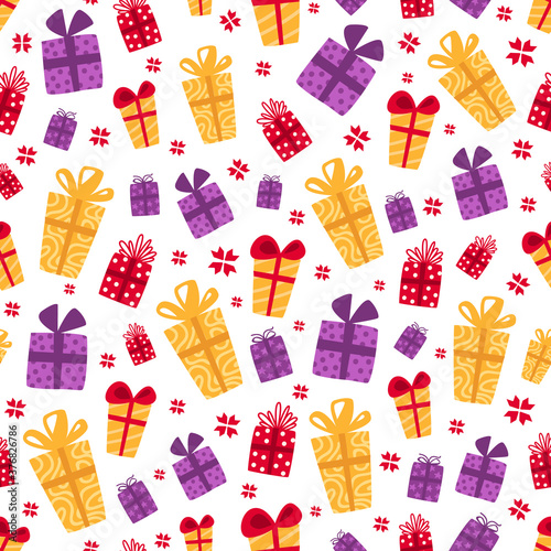 Christmas or New year seamless pattern - bright colorful gift boxes - yellow, purple, red - on white background, traditional holiday symbols, vector endless texture for textile, wrapping paper
