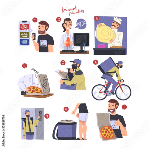 Asian Food Express Delivery Service, People Ordering Wok, Chef Cooking, Courier Delivering Food Cartoon Style Vector Illustration