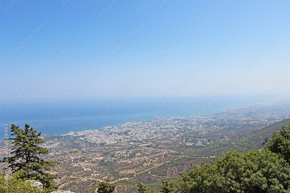 view from the mountains to the sea.panorama of the sea.Blue sky.City view from above