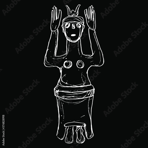 Cretan Minoan sculpture of ancient goddess with raised hands. Great Mother archetype. Hand drawn linear doodle rough sketch. White silhouette on black background.