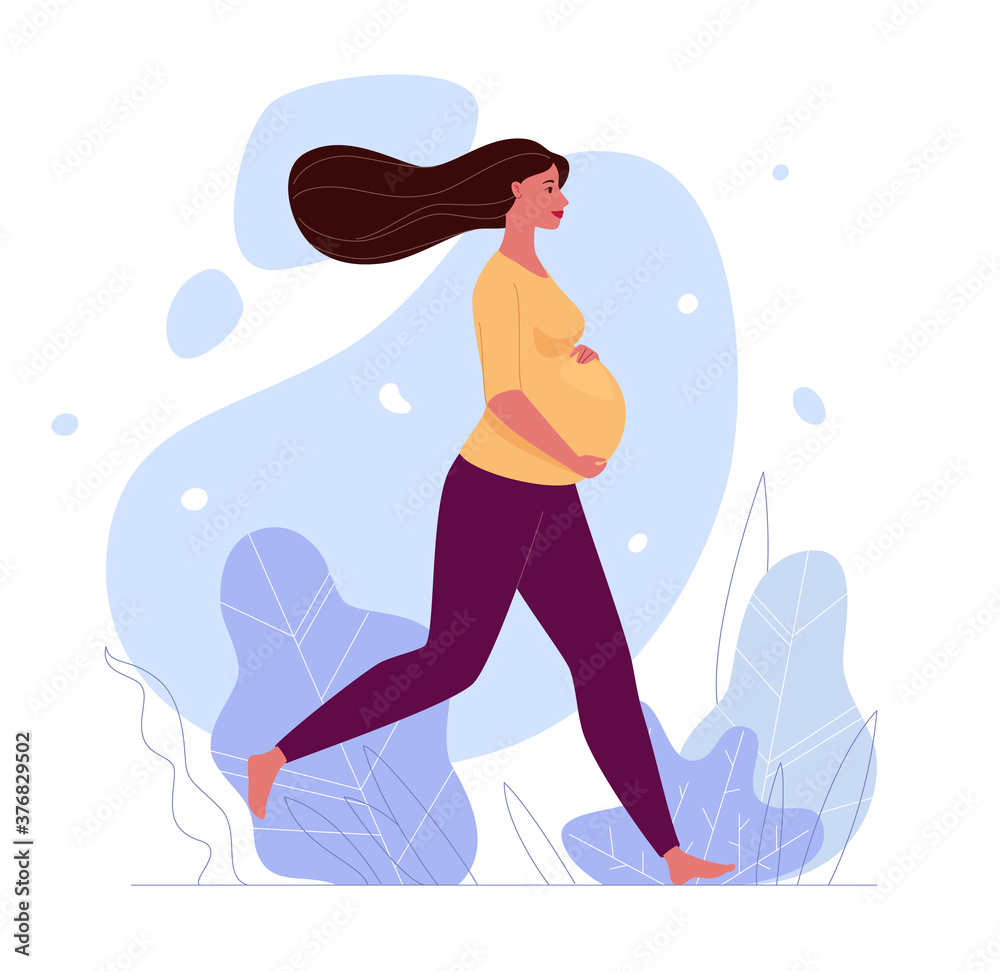 A beautiful pregnant woman is walking barefoot, hugging her big belly.  Profile picture. Illustration. Vector in a flat cartoon style. Stock Vector  | Adobe Stock