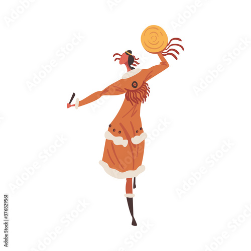 Native American Indian Ritual Dance, Indian Woman Dancing with Tambourine Wearing Traditional Dress Cartoon Style Vector Illustration