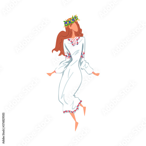 Pagan Ritual Dance  Beautiful Slavic Girl Dancing Wearing Traditional White Dress and Wreath of Flowers Cartoon Style Vector Illustration