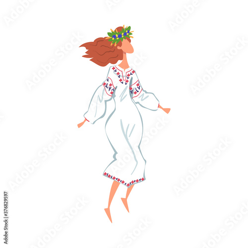 Pagan Ritual Dance, Slavic Girl Performing Folk Dance Wearing Traditional Dress and Wreath of Flowers Cartoon Style Vector Illustration