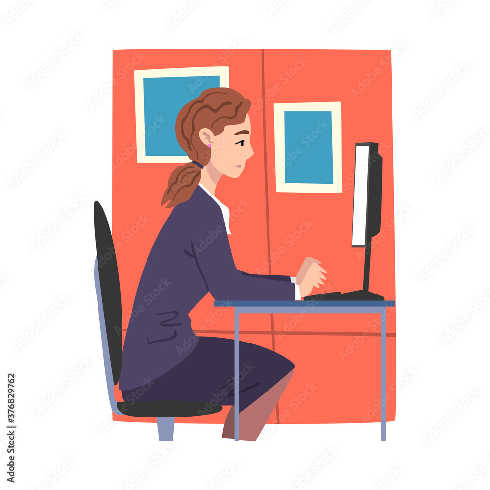 Young Woman Working on Computer in Office, Businesswoman or Office Employee Daily Routine Cartoon Style Vector Illustration