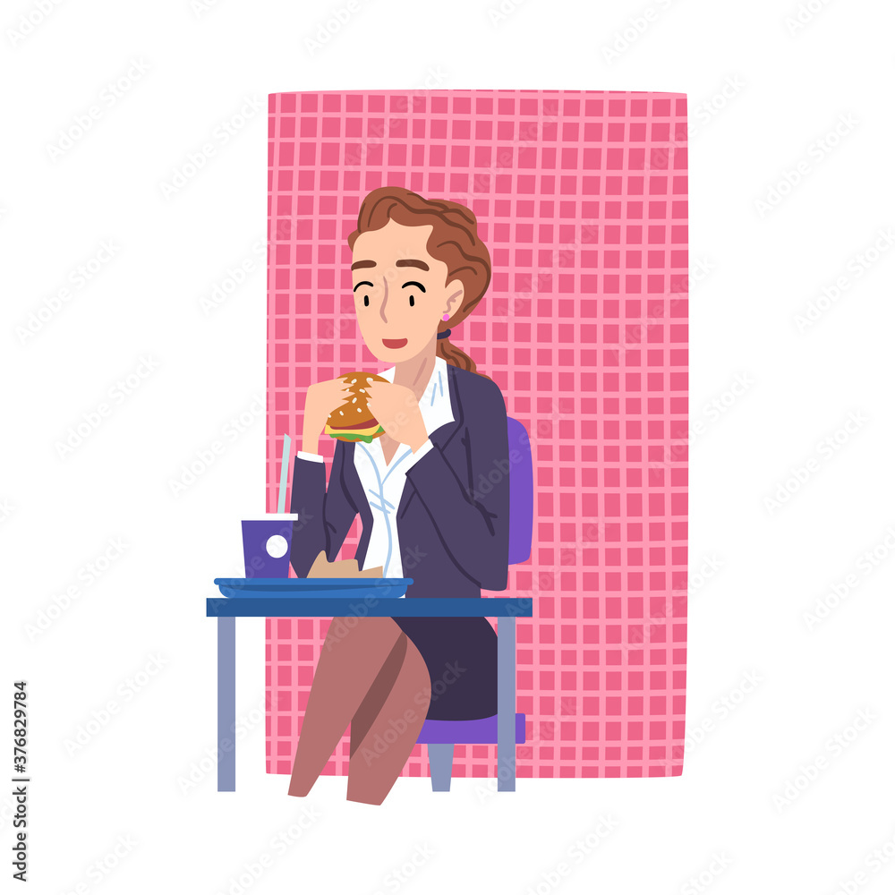 Young Woman in Business Clothes Eating Burger Sitting at Table, Businesswoman or Office Employee Daily Routine Cartoon Style Vector Illustration Young Woman in Business Clothes Eating Burger Sitting at Table, Businesswoman or Office Employee Daily Routine Cartoon Style Vector Illustration
