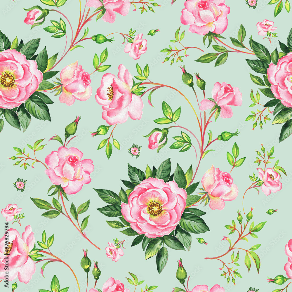  Seamless beautiful pattern wild roses drawn by paints on paper