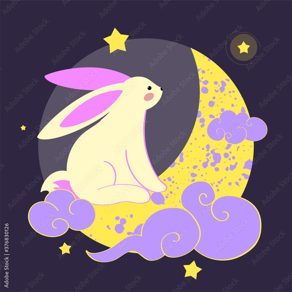 Mid autumn festival concept clipart. Moon rabbits next to the full moon. Chinese traditional culture. Vector. Flat.