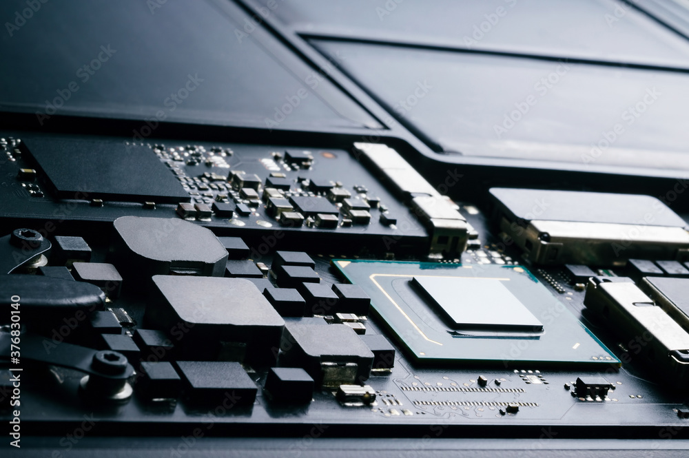 close up part of motherboard from laptop computer close up part of motherboard from laptop computer