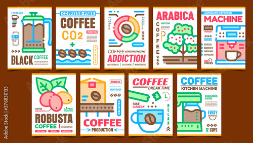 Coffee Production Advertising Posters Set Vector. Coffee Professional And Kitchen Machine, Cup And Pot, Harvesting And Addiction Promotional Banners. Concept Template Style Color Illustrations