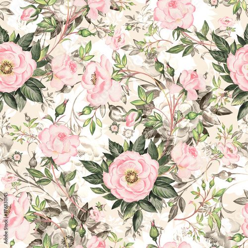  Seamless beautiful pattern wild roses drawn by paints on paper