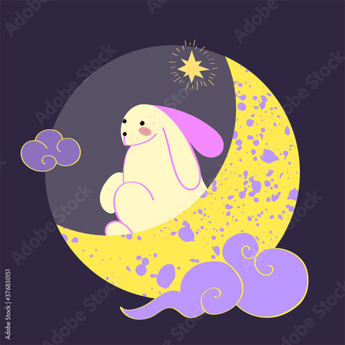 Mid autumn festival concept clipart. Moon rabbits next to the full moon. Chinese traditional culture. Vector. Flat.