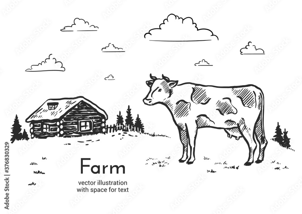 Vector illustration of a village landscape with a house, a cow and a ...