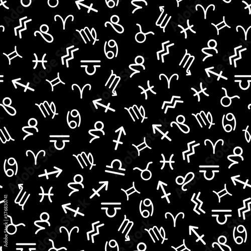 Vector white astronomy zodiac signs seamless pattern background on black surface