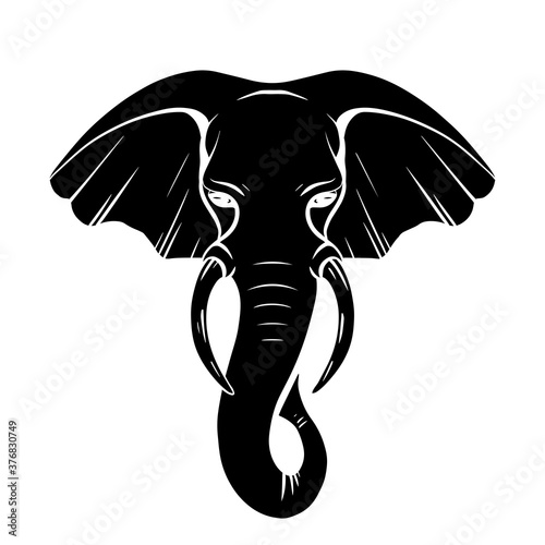 Black silhouette of elephant head with trunk and tusks. Wild mammal. Vector outline drawing for coloring pages, logos, icons and your creativity.